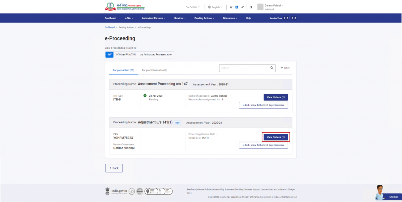 View Notice for section 143(1)