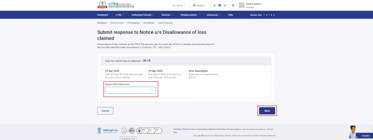 Relevant Response for Section 143(1)