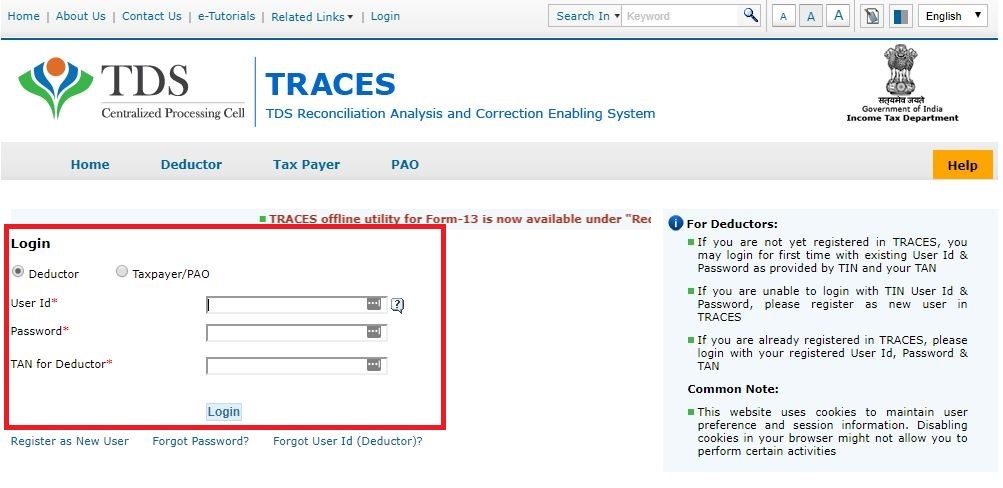 TRACES Deductor Login