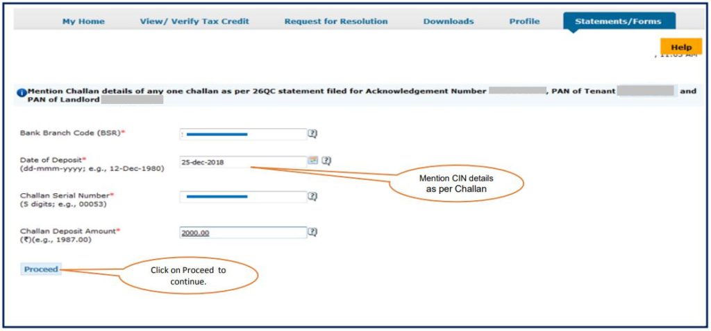 TRACES - Form 26QC Correction - Enter Challan Details