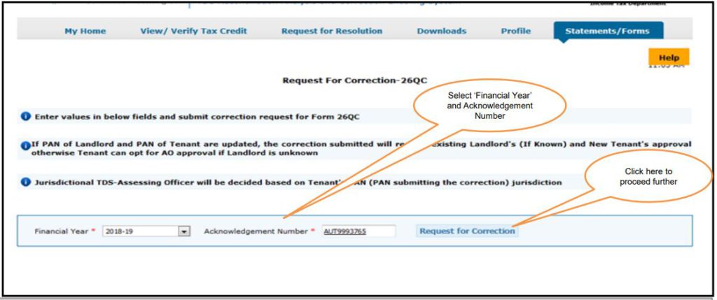 TRACES - Form 26QC Correction - Enter Financial Year and Acknowledgement Number