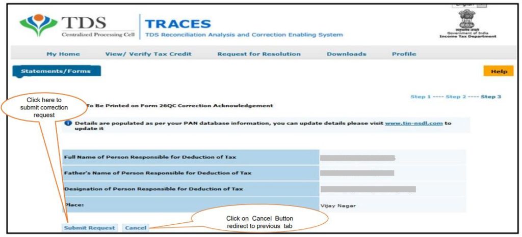 TRACES - Form 26QC Correction - PAN Details from PAN database