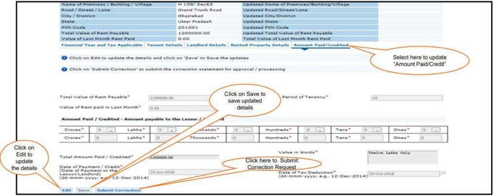 TRACES - Form 26QC Correction Request - Amount Paid or Credited Details