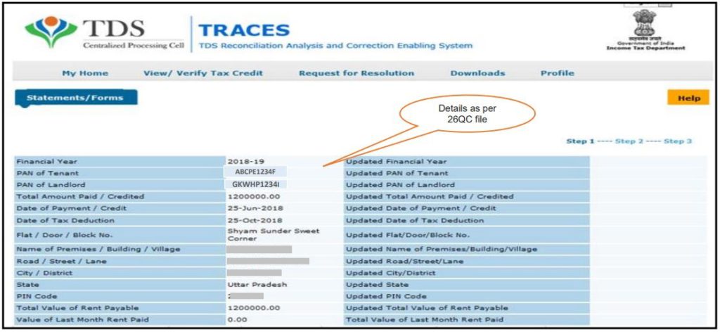 TRACES - Form 26QC Correction Request - Form 26QC filed details