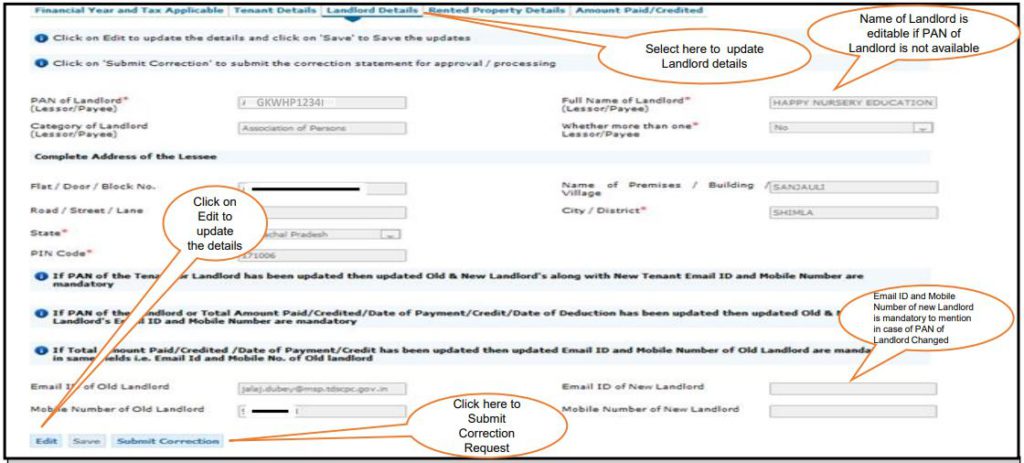 TRACES - Form 26QC Correction Request - Landlord Details