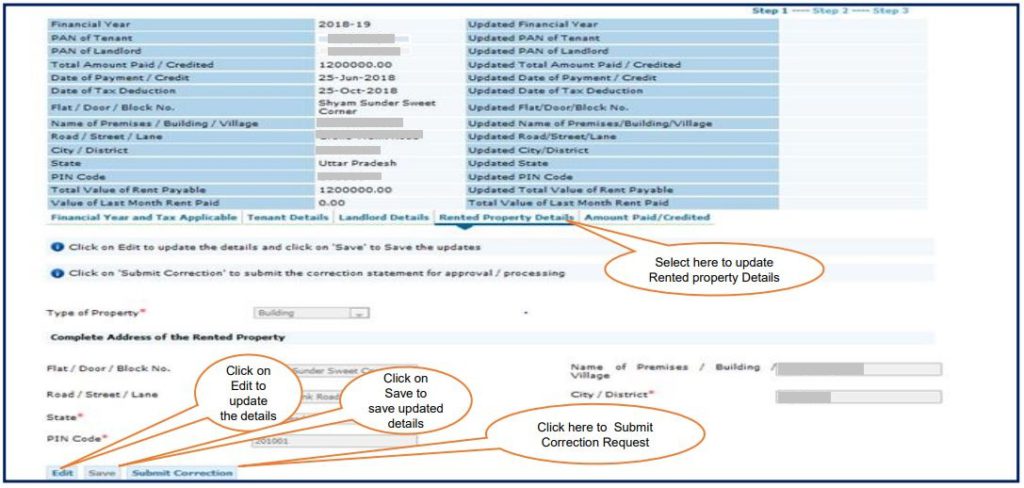 TRACES - Form 26QC Correction Request - Rented Property Details