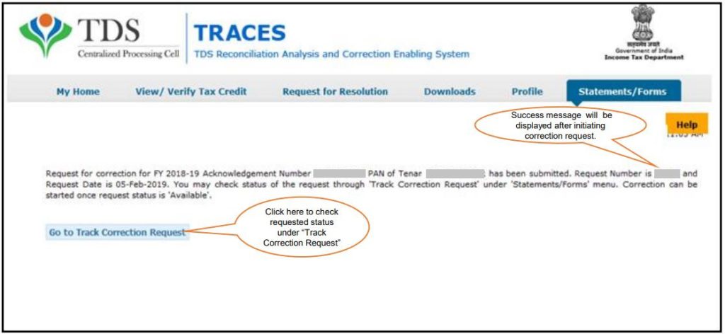 TRACES - Form 26QC Correction Request - Request Number