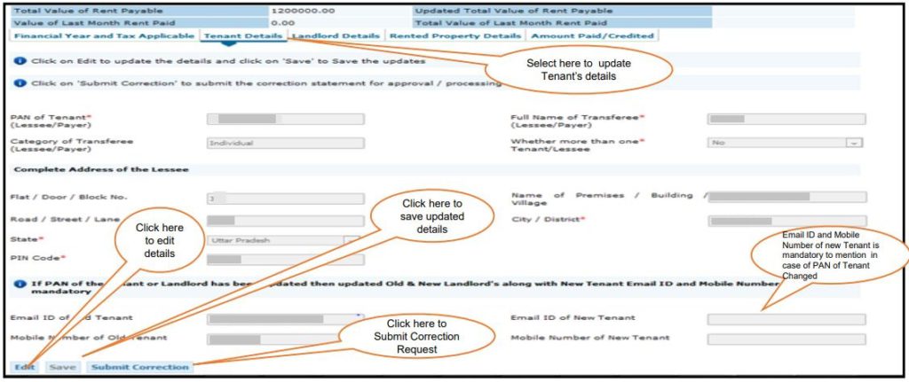 TRACES - Form 26QC Correction Request - Tenant Details