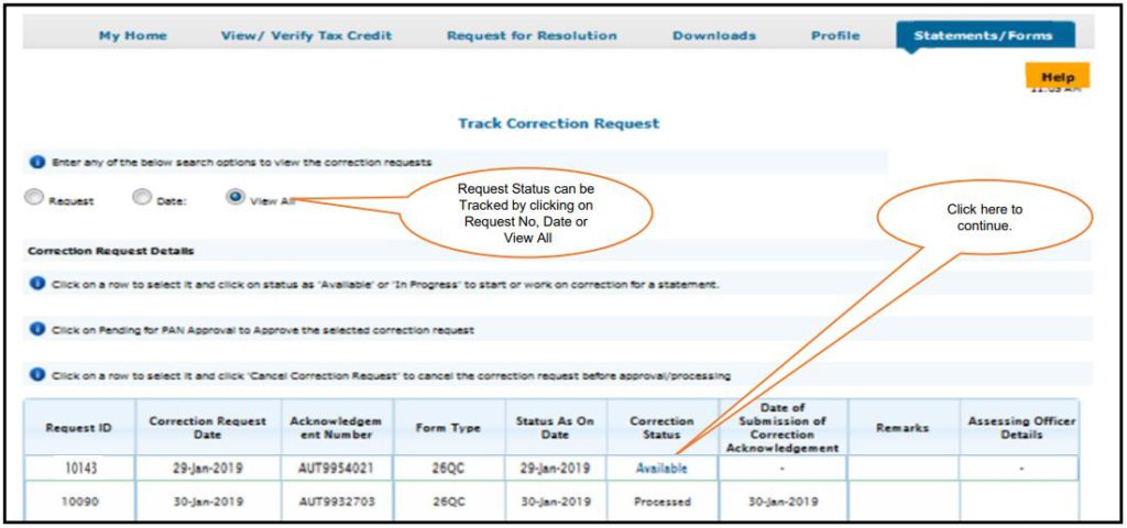 TRACES - Form 26QC Correction - Search using Request Number