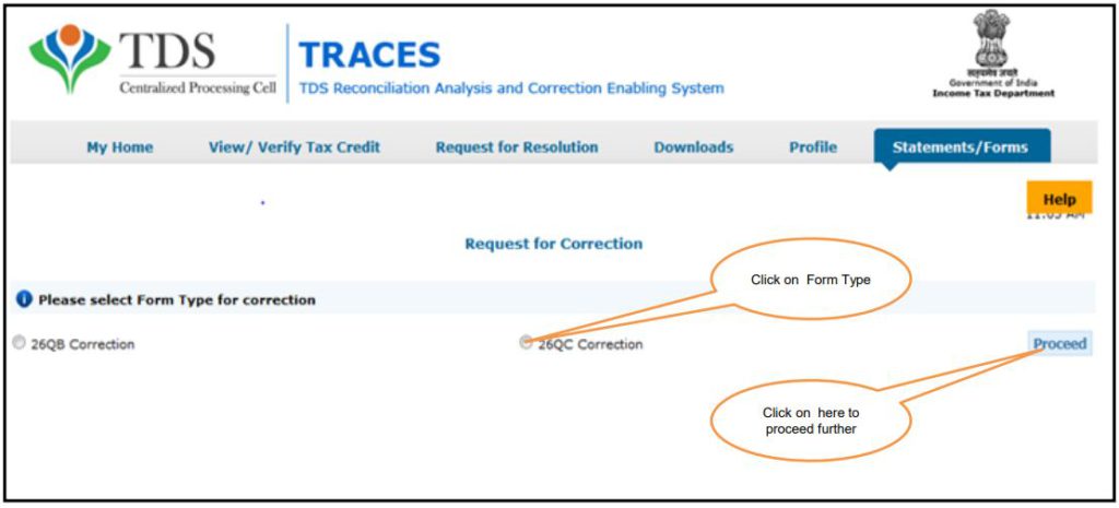 TRACES - Form 26QC Correction - Select Form Type