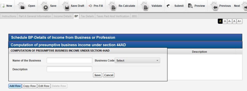 Nature of Business Code - ITR-4