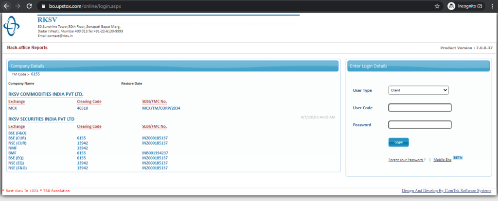 Upstox Backoffice login
