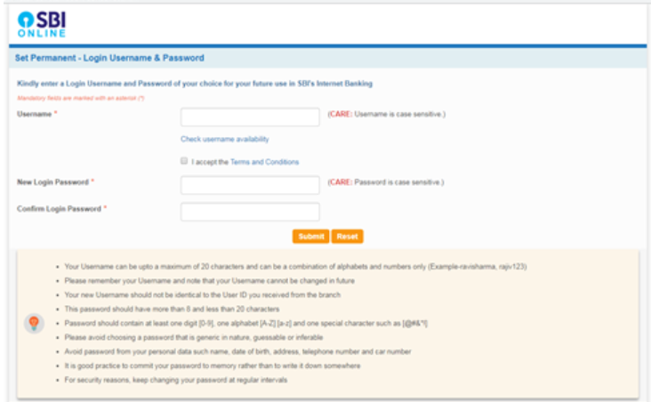 sbi net banking- create username and password