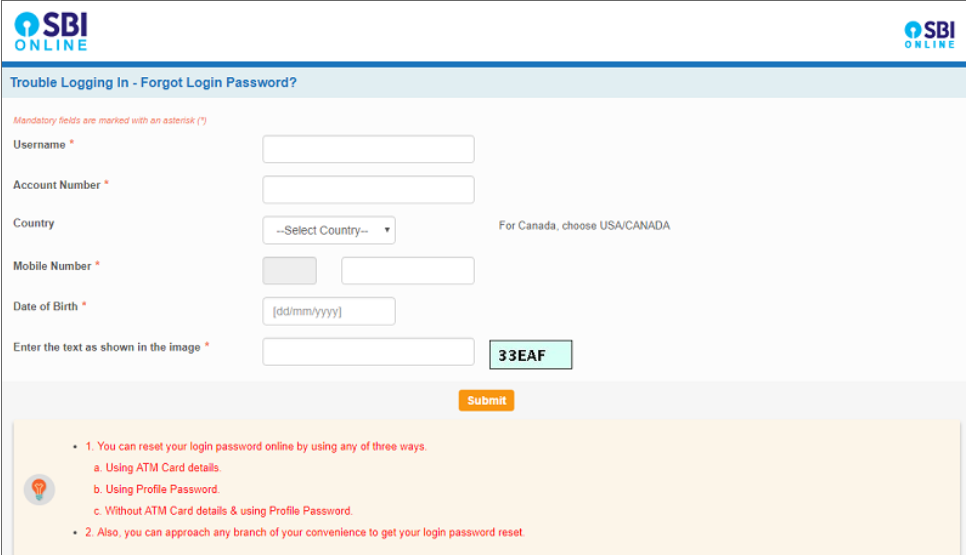 sbi forgot password- enter required details