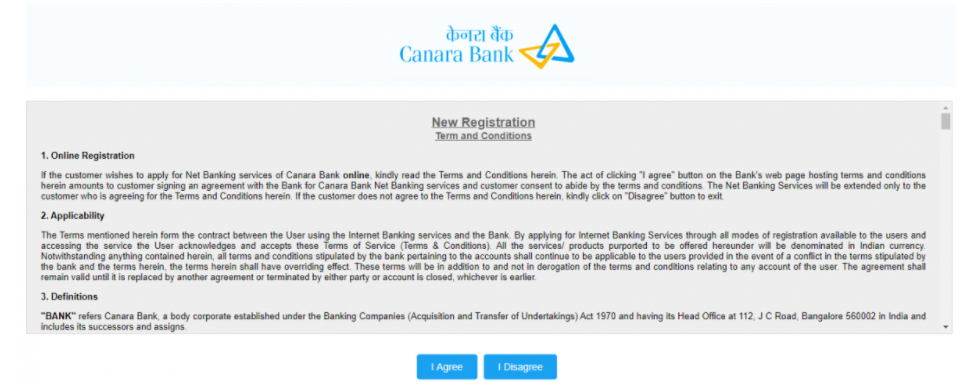 canara bank net banking register- terms and conditions