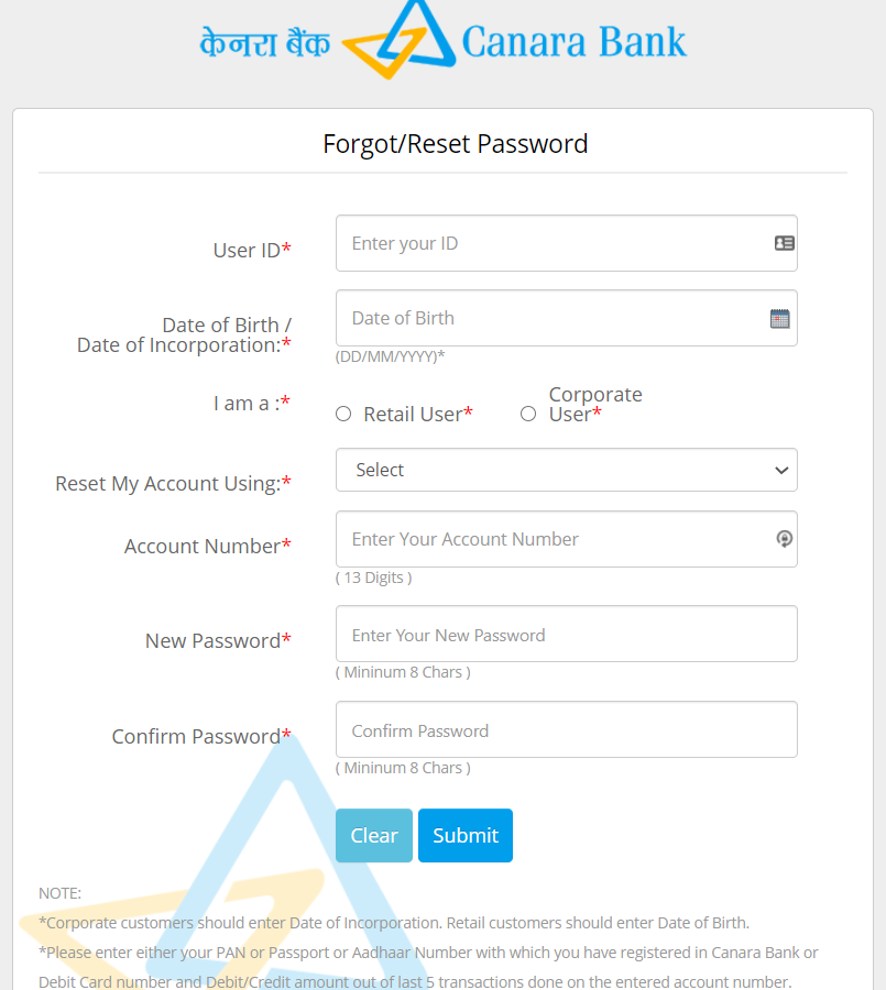 how to reset transaction password in canara bank
