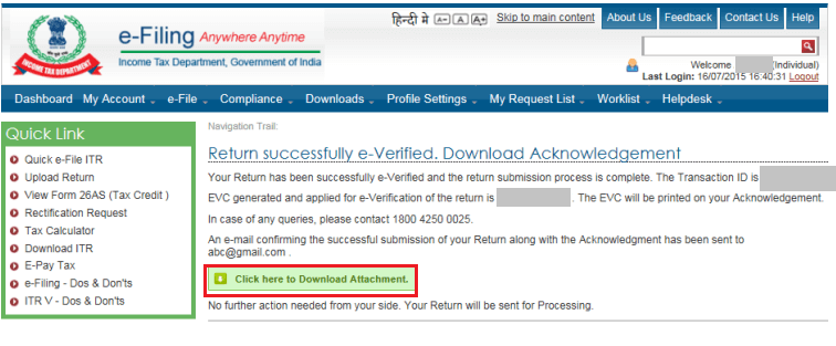 Return successful e-Verified ITR