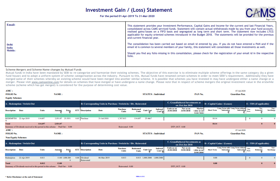CAMS - Capital Gains Account Statement