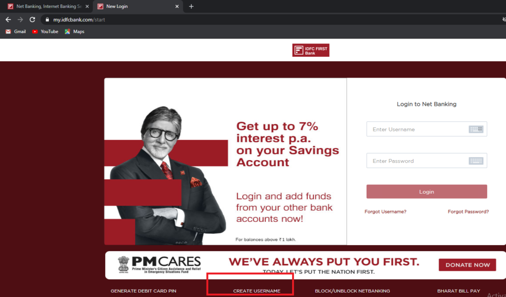 IDFC First Net Banking Registration Page