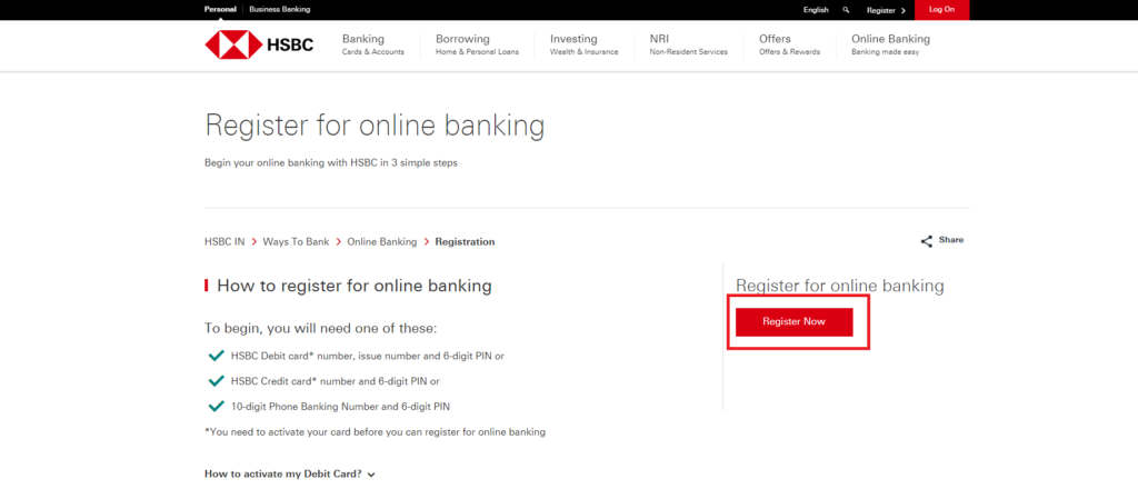 hsbc register net banking