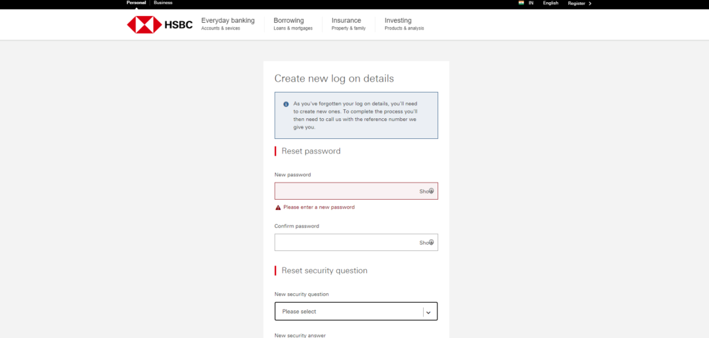 hsbc new password