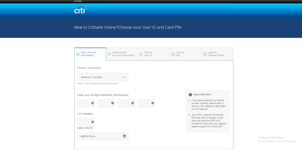 citibank net banking new user