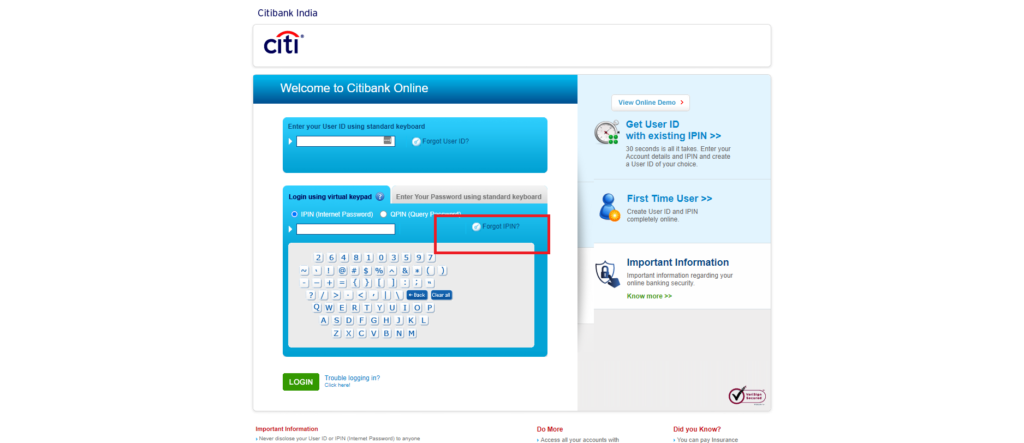 citibank net banking forgot password