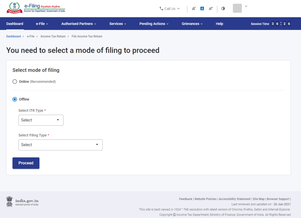 www.incometax.gov.in - Select Mode of Filing